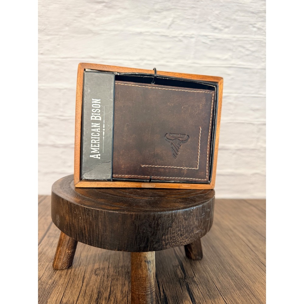 American Bison Mens Brown Distressed Genuine Leather Bifold Wallet with Wood Box